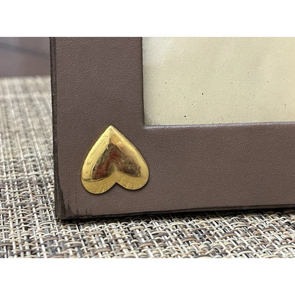 Vintage Brown Wood-Look Frame W Appliqué Metal Hearts 6.5